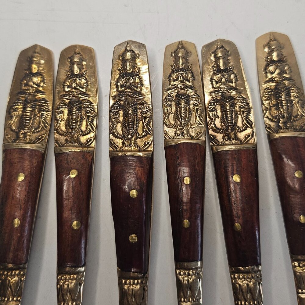 Vintage SIAM 6 Brass-Bronze gold tone & Teak wood cocktail forks Thailand